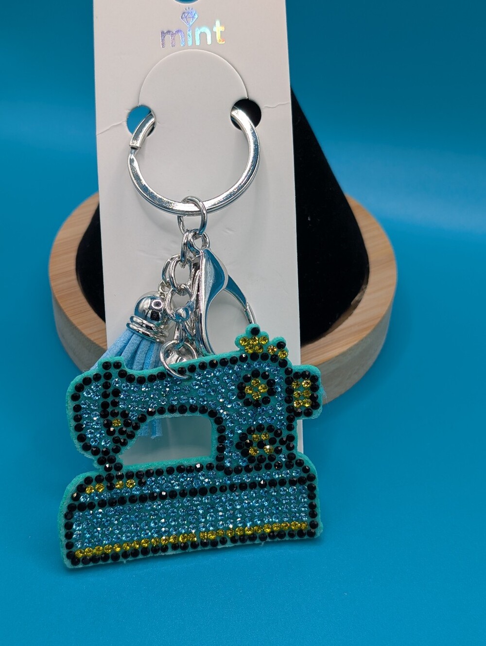 Mint Teal/Blue Sewing Machine Crystal Keyring with Tassel